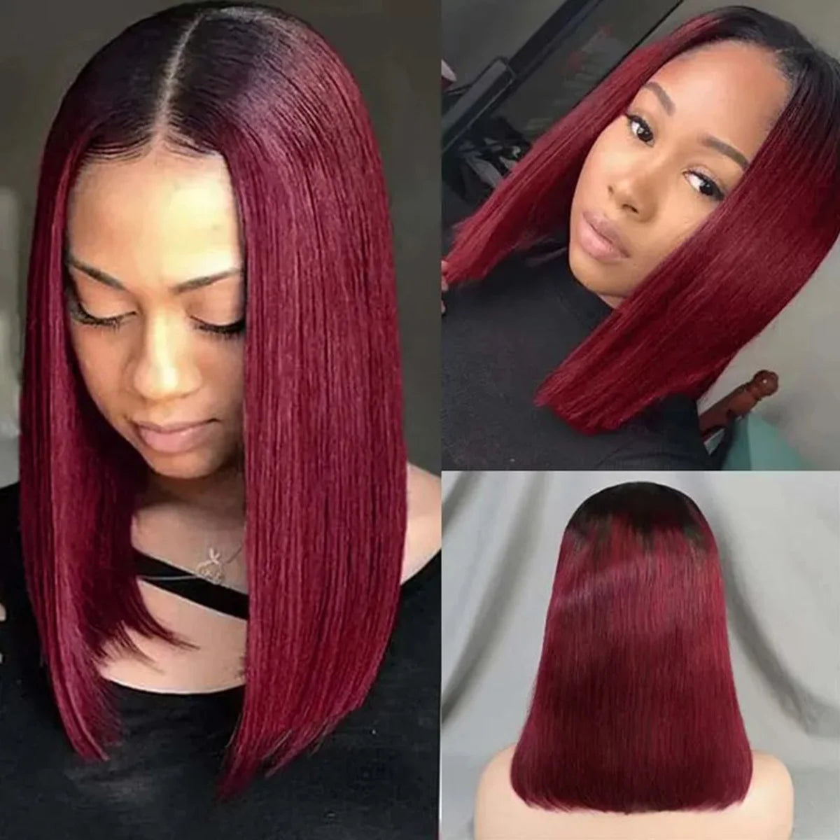 1B/99J Burgundy Short Straight Bob Human Hair Wigs Brazilian Lace Front Human Hair Wigs Pre Plucked T Part Lace Wigs Remy Hair