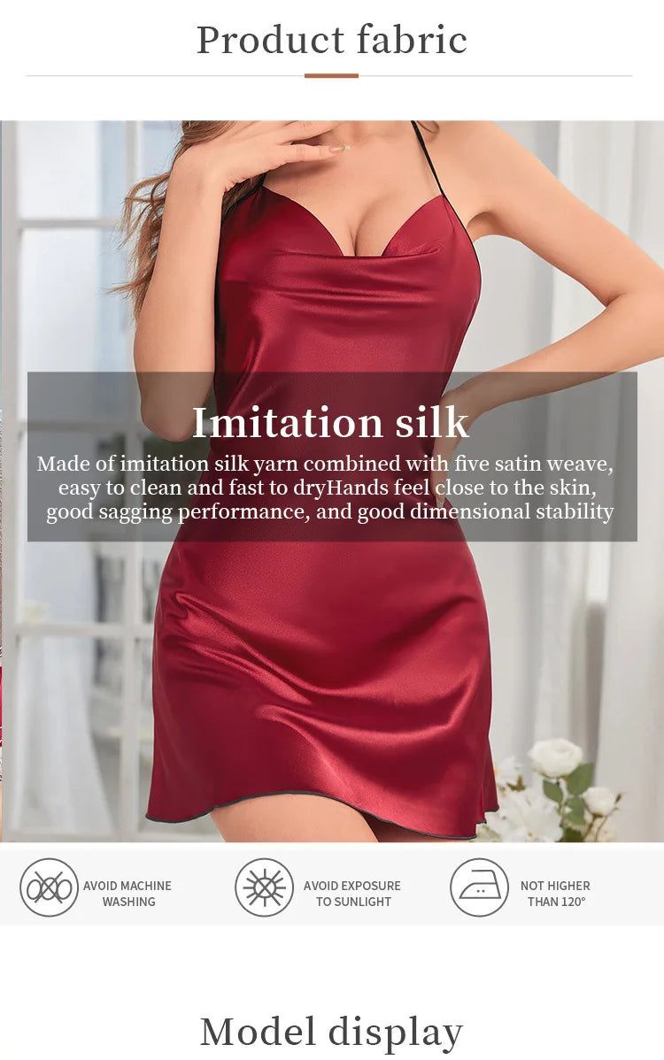 Fashion Solid Color V-neck Home Nightgown Women's Backless Cross Suspender Skirt Butterfly Decoration Simulation Silk Thin Dress