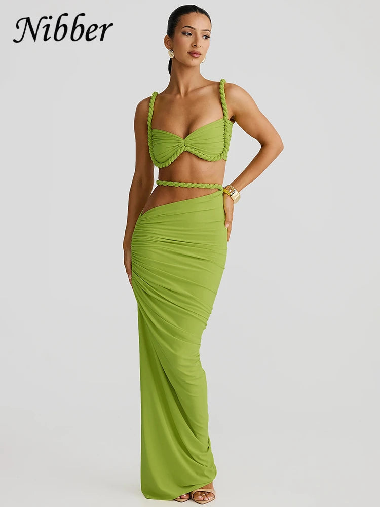 Nibber Sexy Women 2 Piece Set Bandage Ruched Square Collar Bra+Skinny Long Skirts 2025 Summer Vacation Beach Party Trend Suits