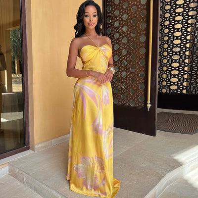 Women's Floral Print Sexy Halterneck Strappy Strapless Backless Slim Long Dress 2024 Summer Holiday Beach Loose Evening Vestidos