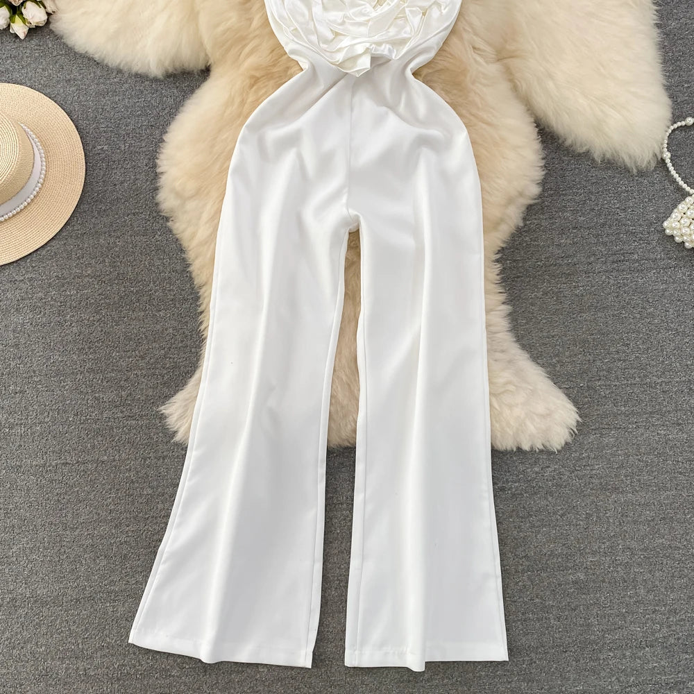 Elegant Floral Off Shoulder Top Jumpsuit with Vintage High Waist Casual Wide Leg Pants Fashion Summer Women Playsuit