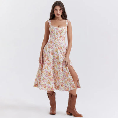 Suninheart Summer Pink Floral Print Corset Dress Midi Elegant Sexy Party Dresses Holiday Birthday Casual A Line Women Clothing