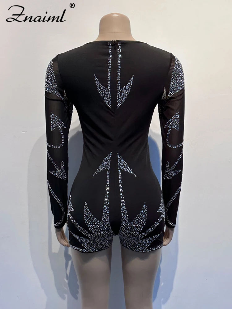 Znaiml Elegant Long Sleeve Playsuit Nightclub Rompers Birthday Outfits Woman Sparkly Diamonds Rhinestone Short Jumpsuits Luxury