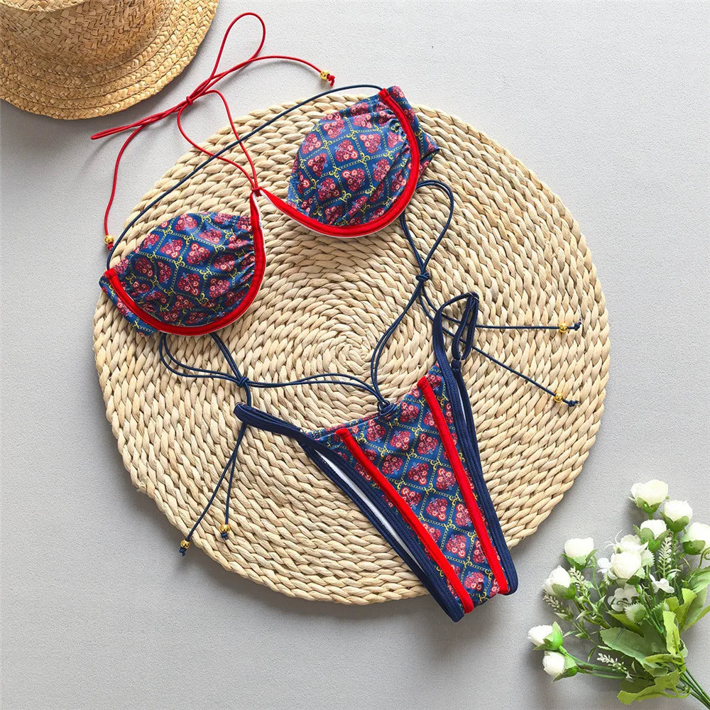 Sexy Print Laced Up Bikini 2 Piece Set Women Split Swimsuit High Waist Beach Backless Bikini 2025 New Summer Swimwear Bikini Set