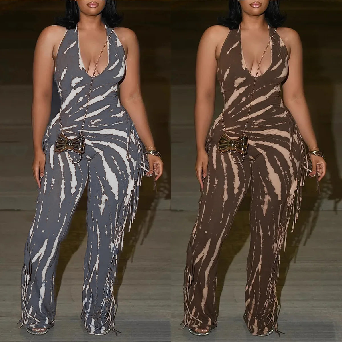 HLJ Sexy Striped Print Tassel Patchwork Bodycon Jumpsuit Women Halter Backless Skinny Rompers Female Party Clubwear Overalls New