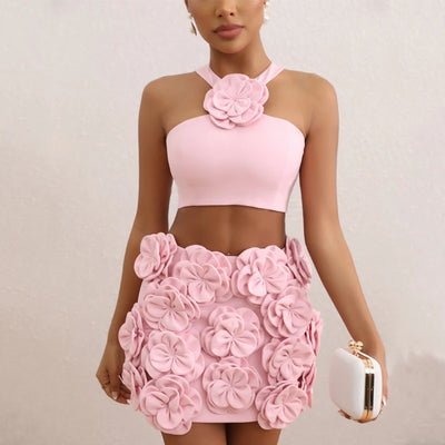 Neues sexy pinkes Neckholder-Rückenfrei-Kleid, Damen-Temperament-Kurzrock-Dekorations-Blumen-Partykleid-Set