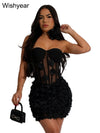 New Sexy Off Shoulder 3D Flower See Through Strapless White Mini Dresses Women‘s Elegant Birthday Evening Guest Party Prom Robe