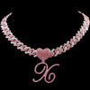 Hip Hop Bling Pink Crystal Cursive Initial Letter Cuban Necklace for Women Iced Out Paved Cuban Chain Necklace Choker Jewelry