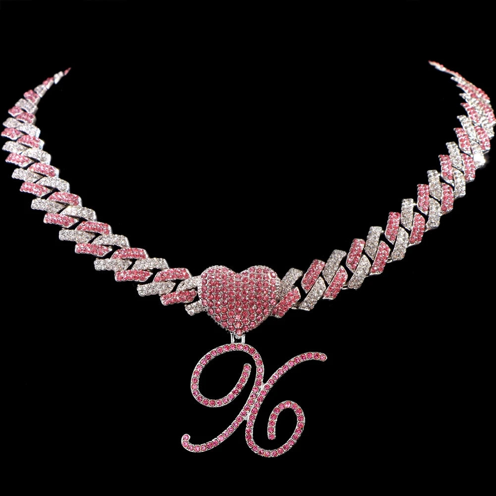 Hip Hop Bling Pink Crystal Cursive Initial Letter Cuban Necklace for Women Iced Out Paved Cuban Chain Necklace Choker Jewelry