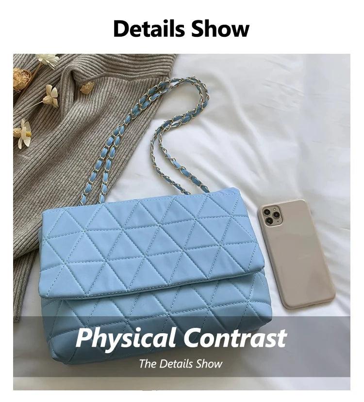 Fashion Blue Pu Flap Bag Golden Large Capacity Niche Geometric Handbag Women's Bag Embroidery Thread Metal Chain Shoulder Bag