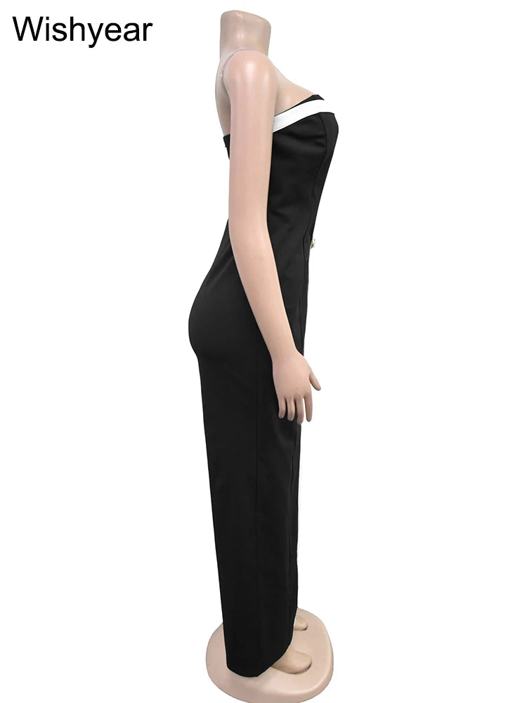 Wishyear Irregular Off Shoulder Sleeveless Strapless Jumpsuits Women Button Patchwork Wide Leg Pants Evening One Piece Outfits