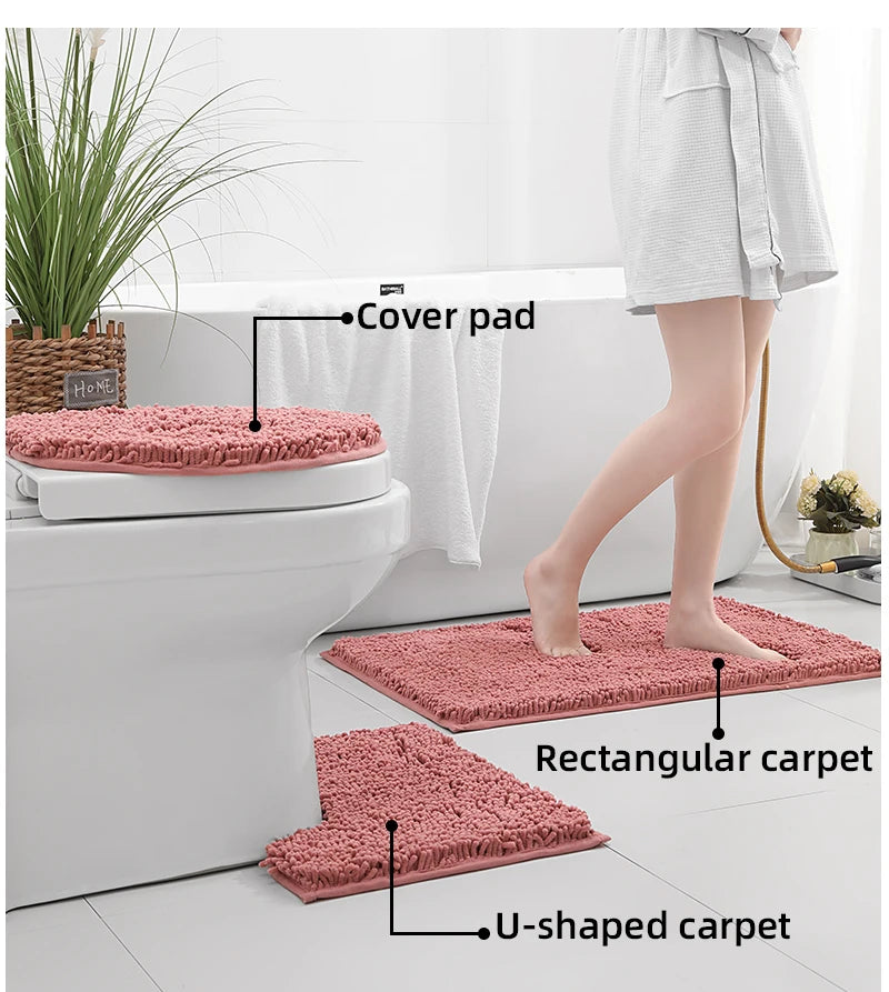 3-piece bathroom chenille floor mat, absorbent anti slip bathroom carpet, bathroom U-shaped foot mat, toilet lid, TPR anti slip