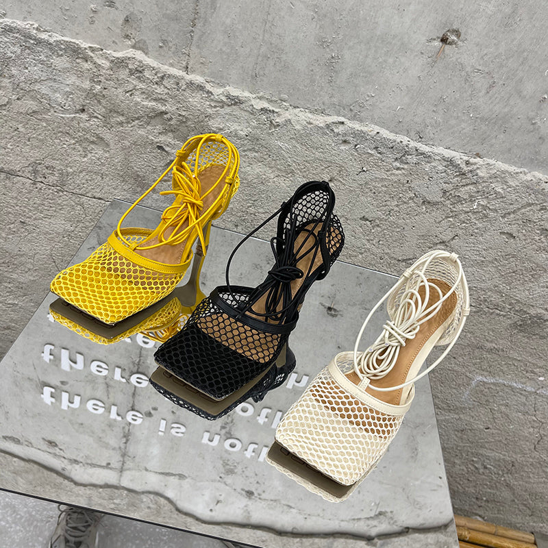 Aneikeh 2024 Summer Sexy Mesh Pumps Sandals Female Square Toe High Heel Lace Up Cross-Tied Stiletto Hollow Dress Party Shoes