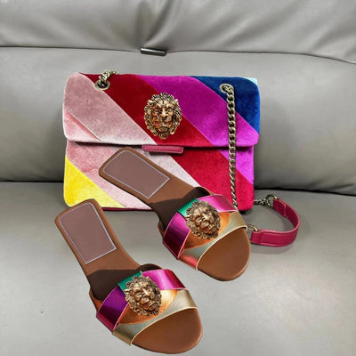 High-end diamond women's slippers, fish-mouthed back hollow lion cool slippers, Rhinestone slippers chain bag set