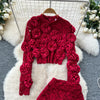 Women  Three-dimensional floral  loose T Shirt Bodycone Tops Female High Street Y2k Tops  Summer Two Piece Set