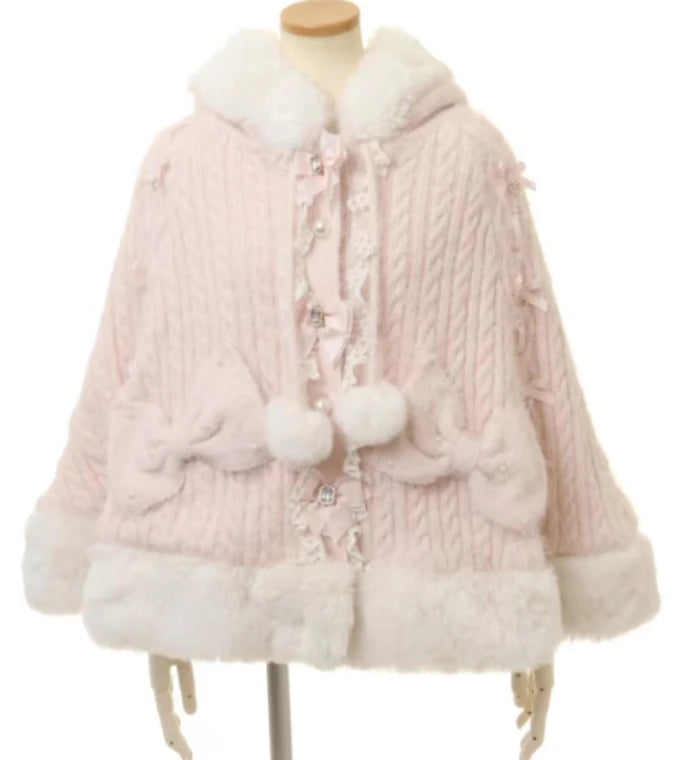 Japanese Liz Sweet Princess Faux Rabbit Fur Cape Coat Women Autumn Winter Fur Jacket Loose Clock Rhinestone Bow Hooded Coat