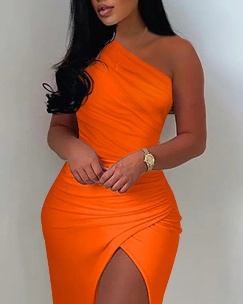 Summer Elegant Solid Dress High Split Thigh Ruched Maxi Floor Dress White Sexy Corset Asymmetric Party Robes Female