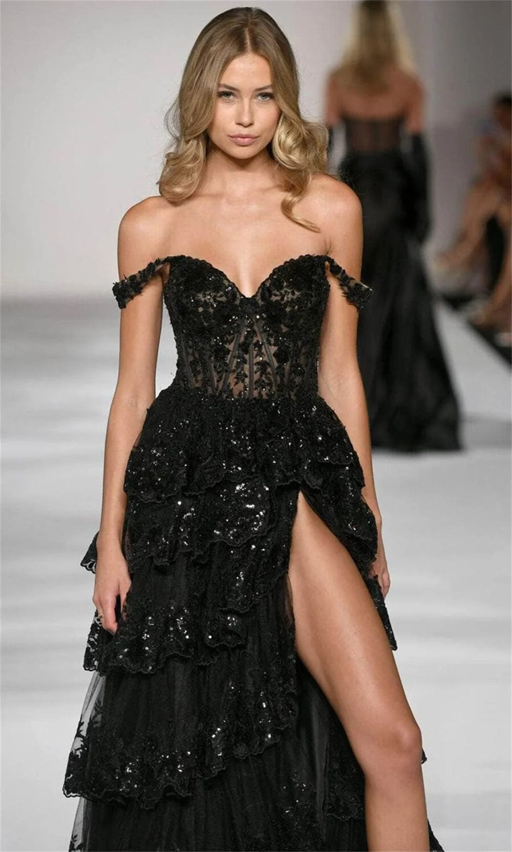 Amanda Elegant Off Shoulder Multilayer Prom Dress Customized Side High Split Lace Vestidos De Fiesta Princess Shiny فساتين سهرة