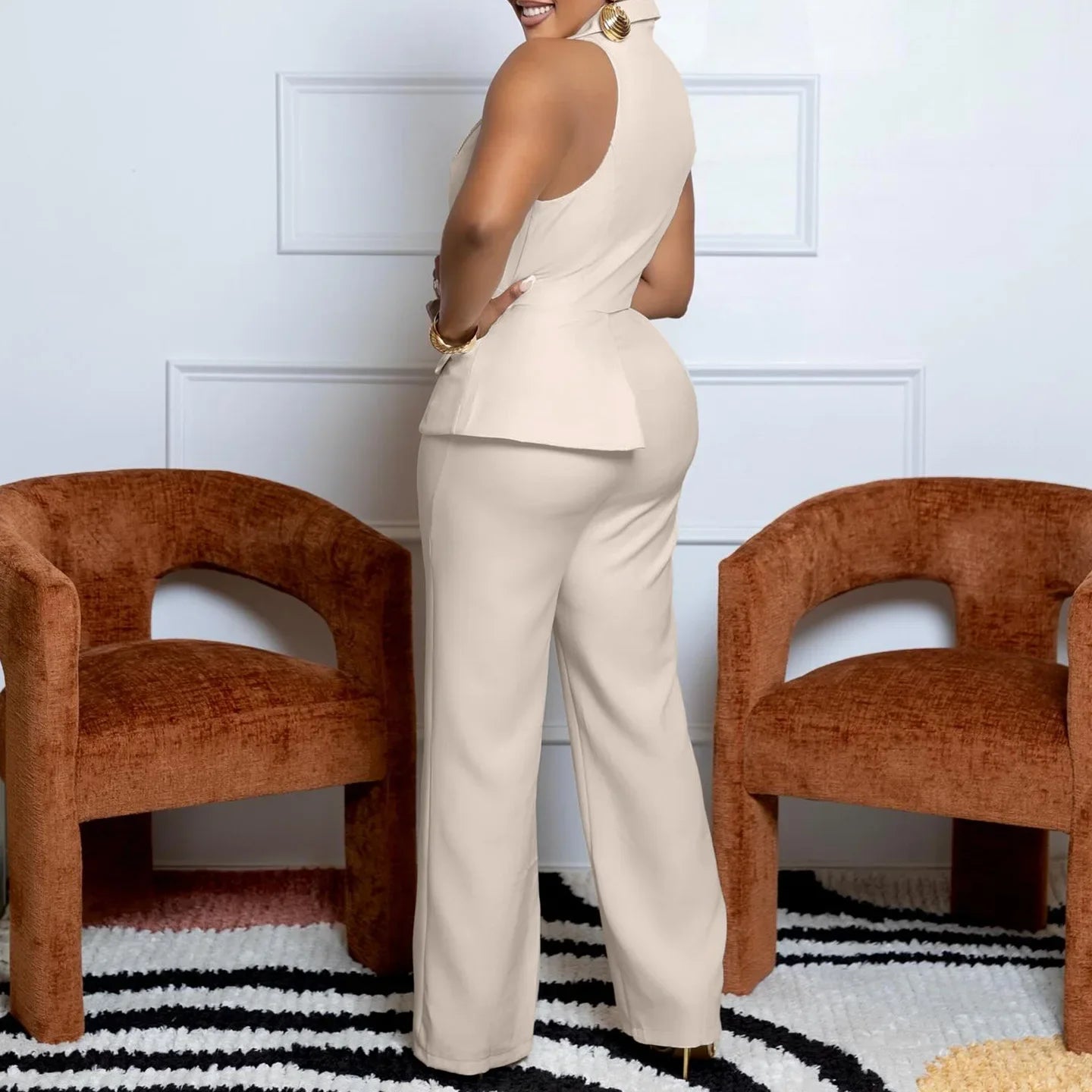 C8604 Foreign Trade Women's Fashionable Sexy Chain Collar Wide Leg African Jumpsuit Casual Style Long Dress For Ladies