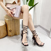 Eilyken Fashion Summer Rhinestone Feather Women Sandals Lace-up Cross-Tied Sexy Gladiator Square Toe Ladies High Heel Shoes