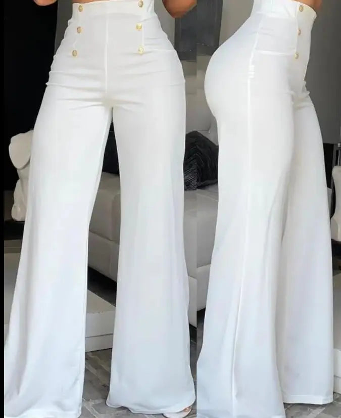 Summer Pants Women Button Decor High Waist Wide Leg Pants Elegant Loose Trousers Korean Fashion Streetwear