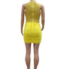 Kricesseen Yellow Sequins Patchwork Irregular Ruched Bodycon Birthday Dresses For Women O-Neck Sequins Night Out Dress Clubwear