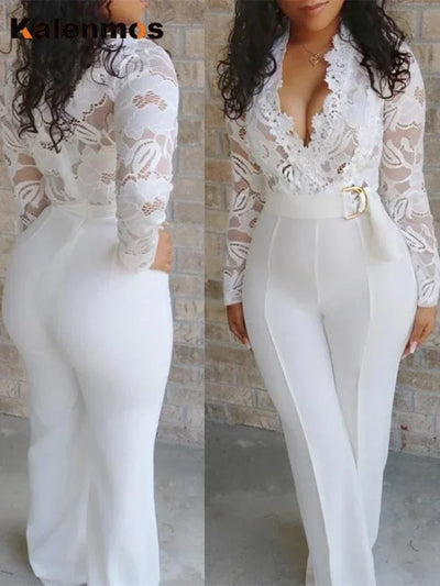 White Jumpsuit Women Overalls Elegant Lace Long One Piece High Waist Feather Y2k Sexy Wedding Party Night Evening Rompers