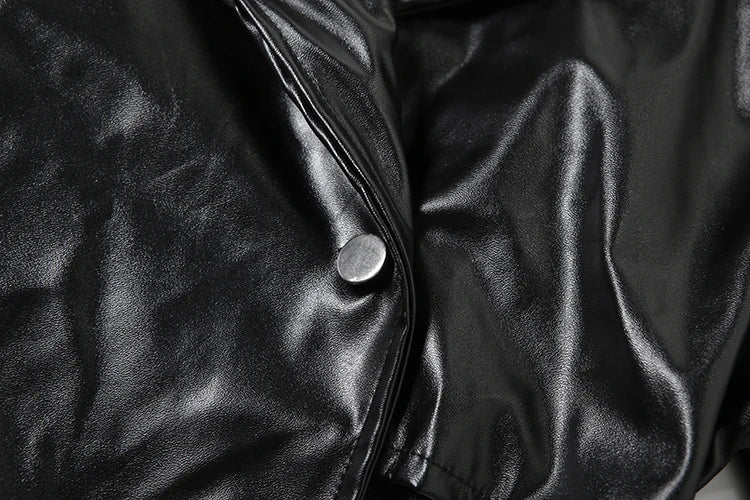 Sisterlinda Faux Leather Single Button Crop Jacket Women Autumn Trend Cross Neck Full Sleeve Wild Style Classic Streetwear Coat