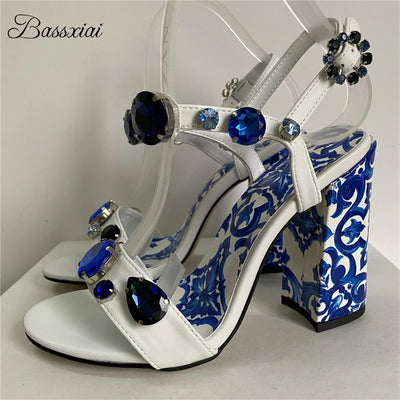 Luxury Diamond Crystal Decor Modern Sandals Women Blue And White Porcelain Print Ankle Strap Summer Shoes For Girls