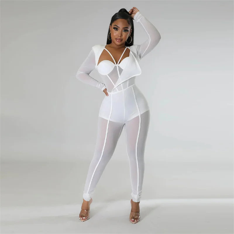 Sexy Mesh Patchwork Sheer Night Club Bodycon Jumpsuit for Women See Through One Piece Rompers Clubwear Party Birthday Outfits