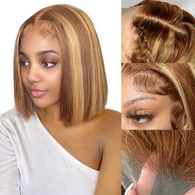 Peruvian Highlight P4/27 Bob Lace Front Wigs 100% Human Hair Wigs Bob Lace Wigs For Women Ombre Blonde Straight Lace Closure Wig