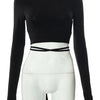 Sexy Backless Lace ups Pullover Tees Women Autumn Black O-neck Slim Longsleeve Short T-Shirt