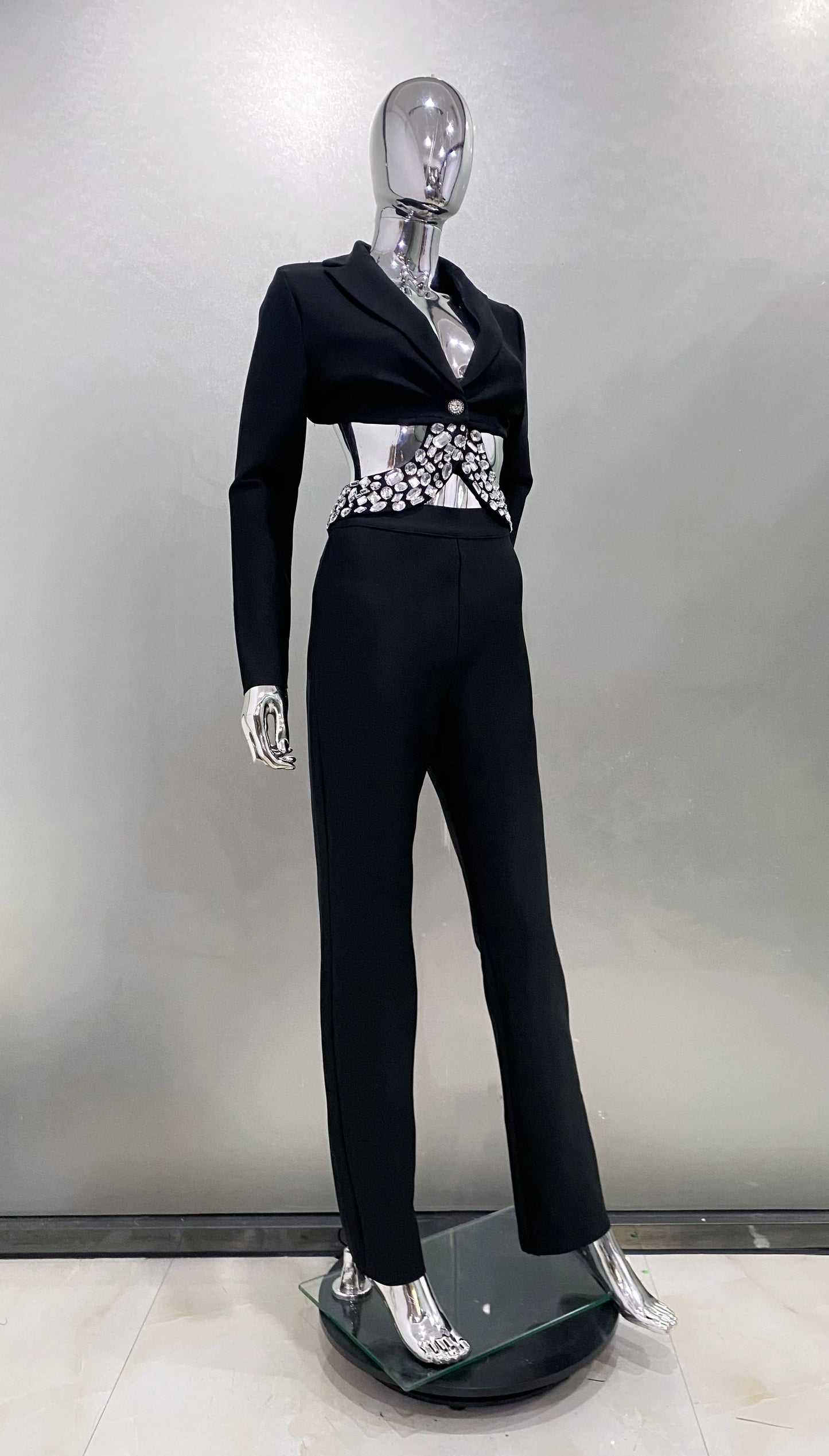 2024 New Arrival Black White Women Long Sleeve Sexy V-Neck Bodycon Bandage Set Shinning Crystal Nightclub Party Women's Set