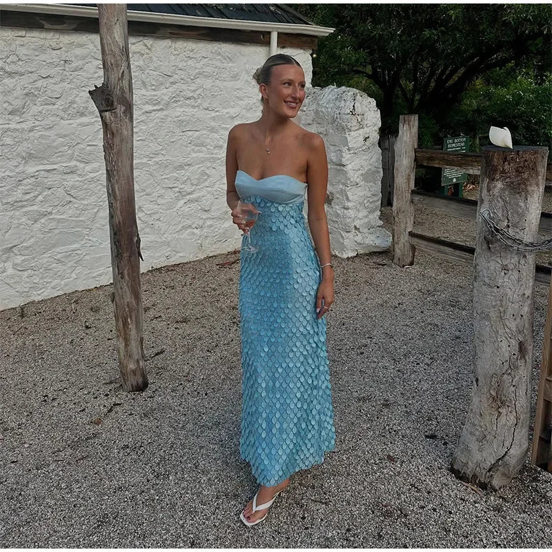 Sexy Stain Long Dress Women Patchwork Solid Tube Top Sleeveless Party Dresses 2025 Summer Lady Slim Vacation Backless Robes