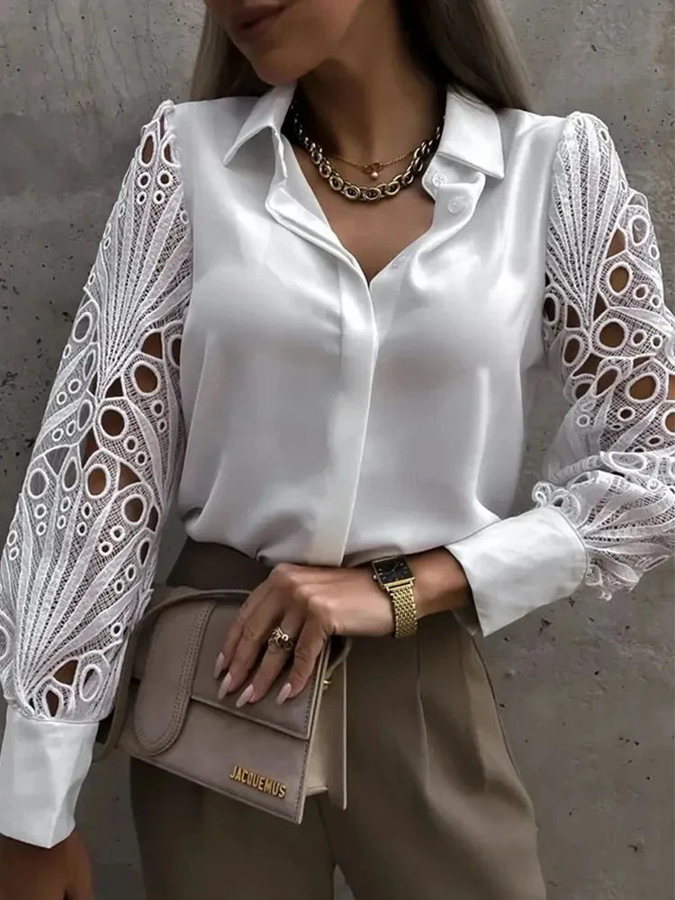 Women's Blouse White blank Elegant V-neck Lace Sleeve Cut-out Patchwork Office Commuter Black Shirt For Female