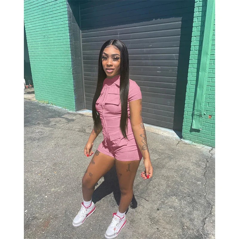 Streetwear Zipper Pockets Shorts Jumpsuit Women Clothing Short Sleeve Skinny Cargo Playsuit Summer Casual One Pieces Romper