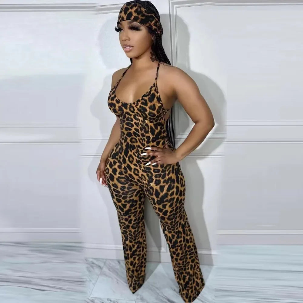 HLJ Sexy Leopard Print Bodycon Jumpsuits Women Thin Strap Sleeveless V Neck Wide Leg Pants Playsuit Female Overall With Scarf