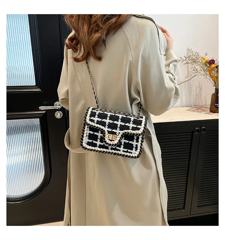 Black & White Plaid Casual Shoulder Bag Crossbody Handbag Women's Shoulder Bags Handbags With Top Handle Fashion Square Bag
