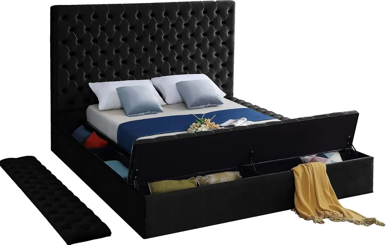 Bliss Collection Modern Contemporary Velvet Upholstered Bed with Deep Button Tufting and Storage Compartments and Footboard