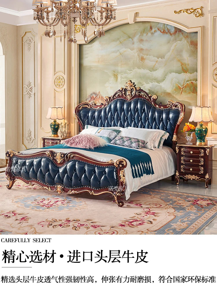 Nordic Luxury Aesthetic Bed Queen Size Cheap Cute Salon Bedroom King Bed Modern Wood Leather Camas Matrimonial Room Furniture