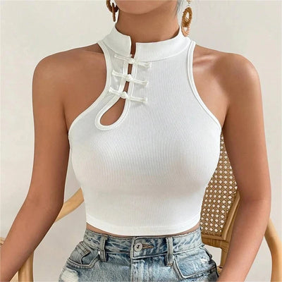 Sleeveless Knitted Crop Top White Sexy Basic Chinese Style Women Corset 2024 Summer Casual Y2k Vintage Cheongsam Buckle Tank Top