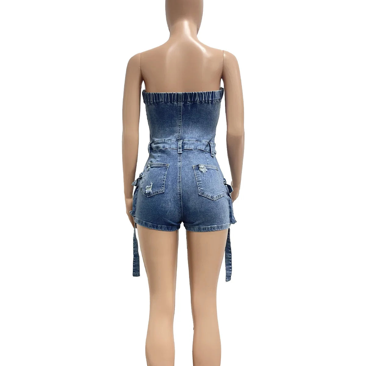 HLJ&GG Blue Sexy Denim Pocket Cargo Bodycon Rompers Women Off Shoulder Sleeveless Backless Slim Jumpsuit Fashion Cowboy Playsuit