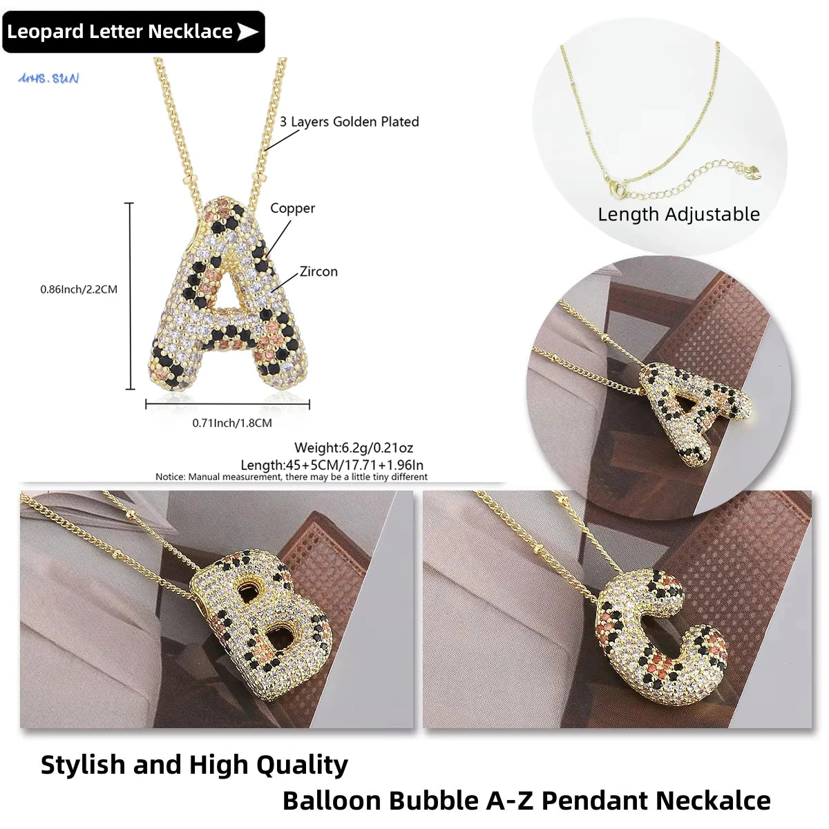 MHS.SUN New Leopard Bubble Letter Necklace Gold Plated Chunky Bubble Zircon 26 Initial Pendant Necklace Women Fashion Jewelry