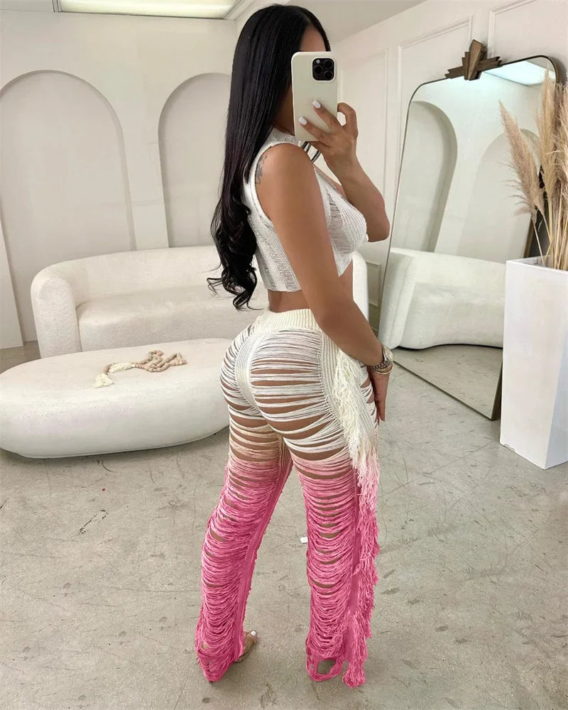 Gradient Color Crochet Two Piece Set for Women Summer Beach Crop Top and Wide Leg Pants Tassel Hollow Out Hole Vacation Outfits