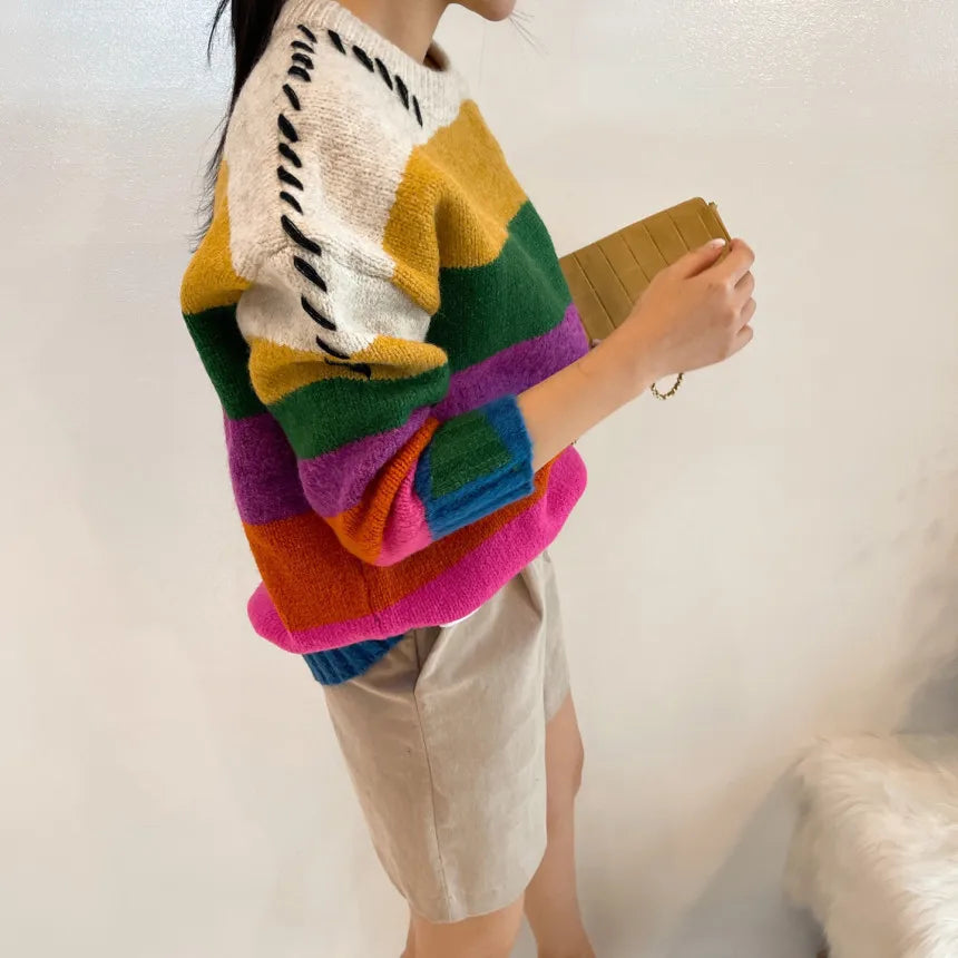 Chic Vintage Contrast Oversized Sueter Fairy Grunge Pullover O Neck Rainbow Sweaters Winter Striped Knitting Sweater Women