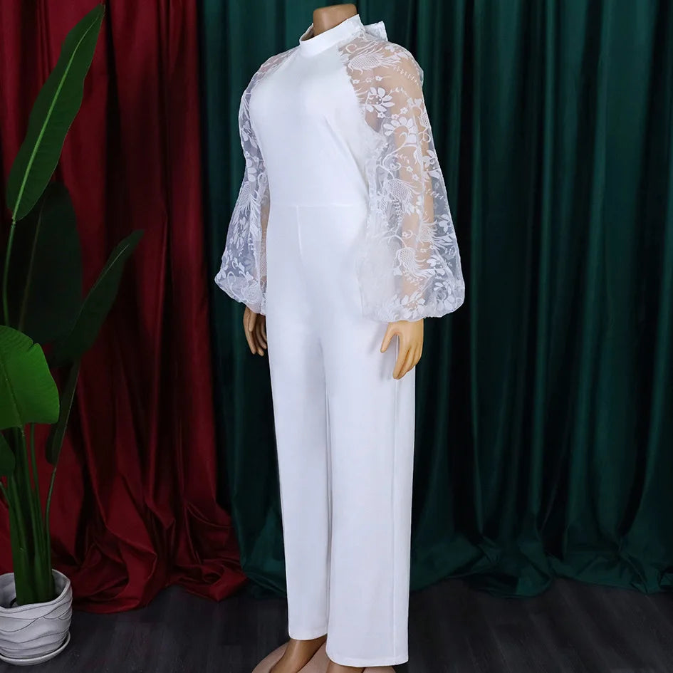 Elegant Jumpsuits & Rompers for Women O Neck Full Sleeve Belt Waisted Straight African Birthday Party Dinner Overalls Clothes OL