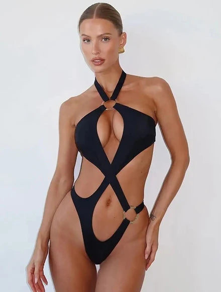 2025 New Sexy Burgundy Bikini Set with Gold Detail- Bandeau Top with High-Cut Bottoms, Perfect for Summer Beach and Pool Parties