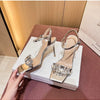 Summer One-word Rhinestone Square Head Sandals Women's Stiletto Open-toed Crystal Gemstone High Heels
