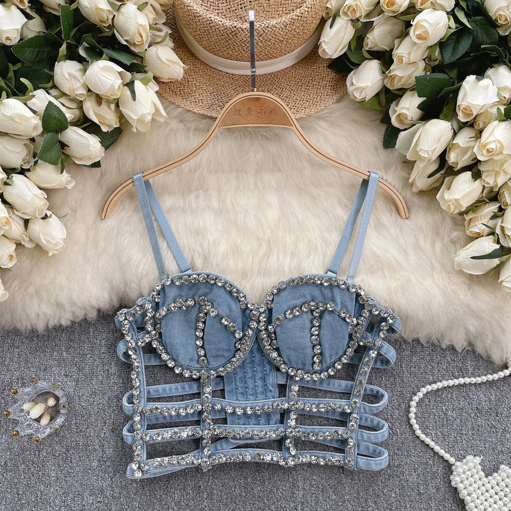 Streetwear Diamonds Denim Vest Female Bra Sleeveless Backless Sexy Summer Tank Tops For Women Camisole y2k Crop Top 2025