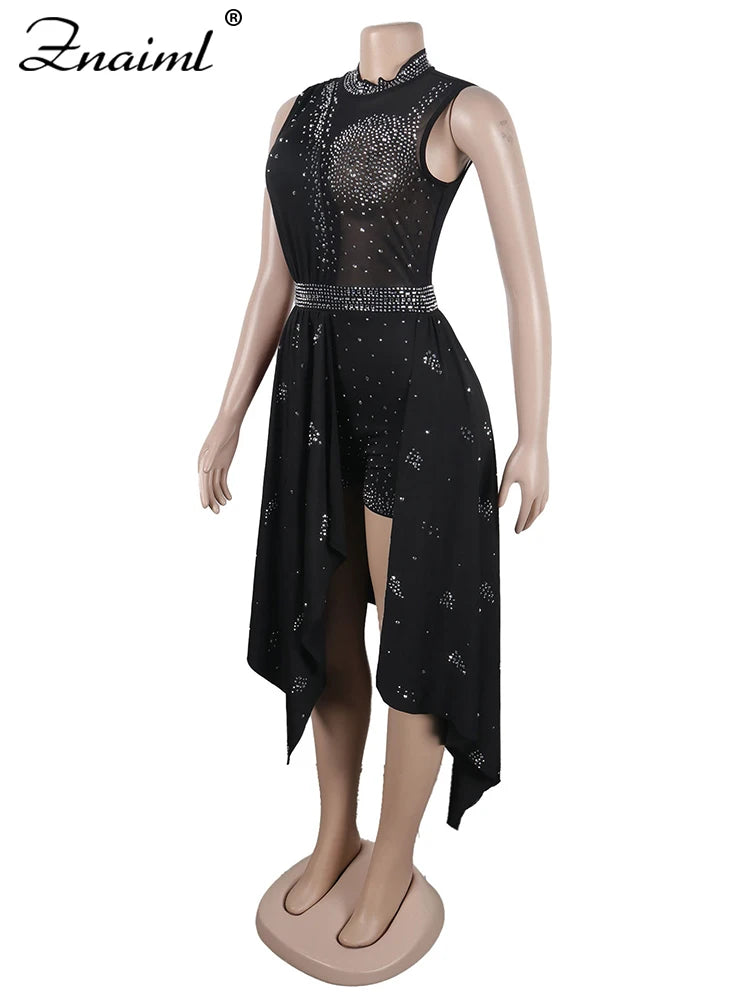 Znaiml Sexy Nightclub One Piece Outfit Romper Playsuit Women Birthday Diamonds Rhinestones Mesh Streamer Side Irregular Jumpsuit